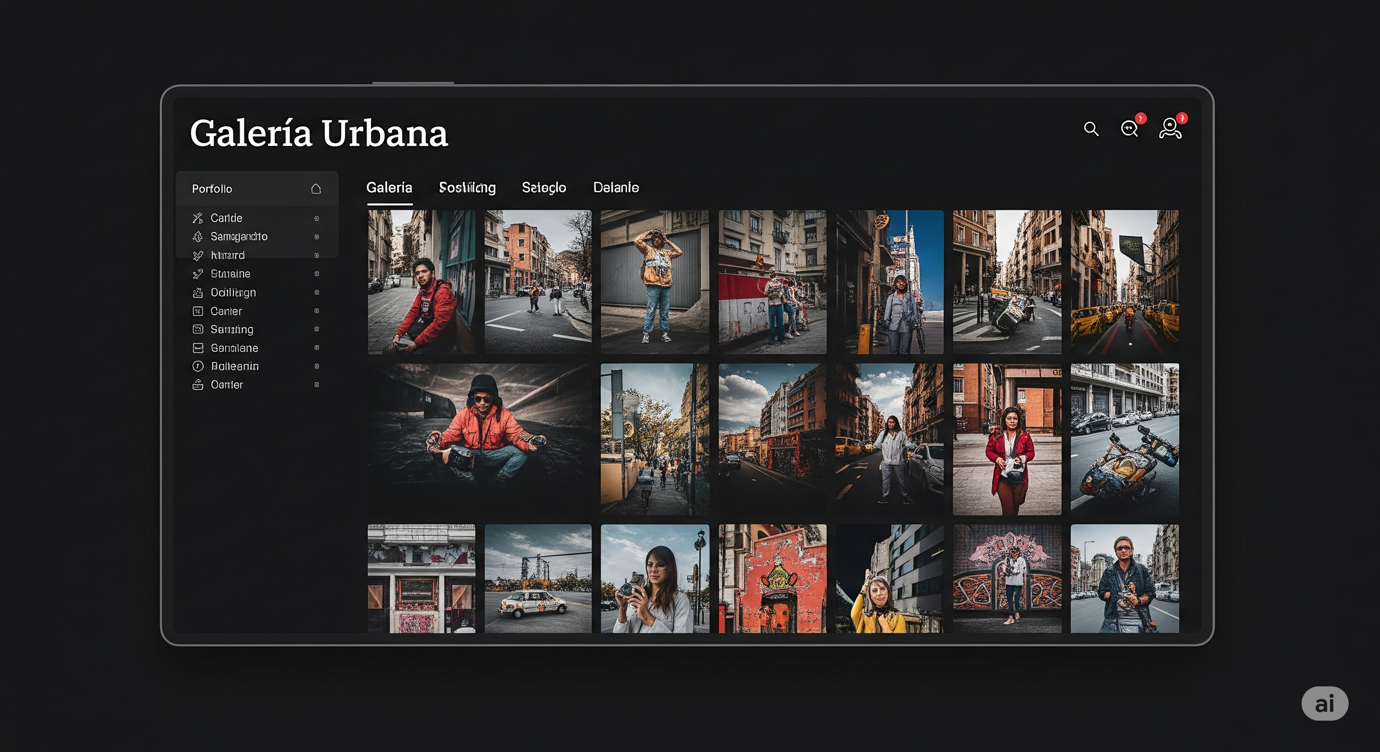 Screenshot of a dark-themed photography portfolio website